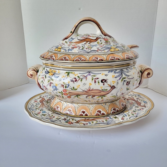 Vintage Holu Ceramic Pottery Portugal Large 4 PC Set Tureen Hand Painted - Picture 1 of 9